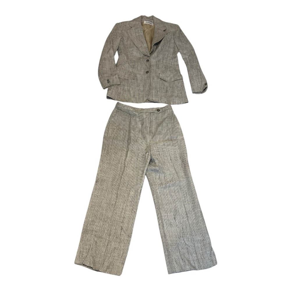 VTG EVAN PICONE PANTSUIT-for SAKS 5th Ave-Grey-Cream-Black Stripe-6-linen blend